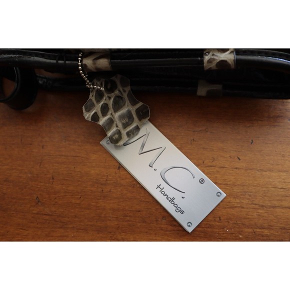 M.C. Patent Leather Blk Gray Faux Gator Print Purse Multiple Compartments Tassel - Picture 4 of 16